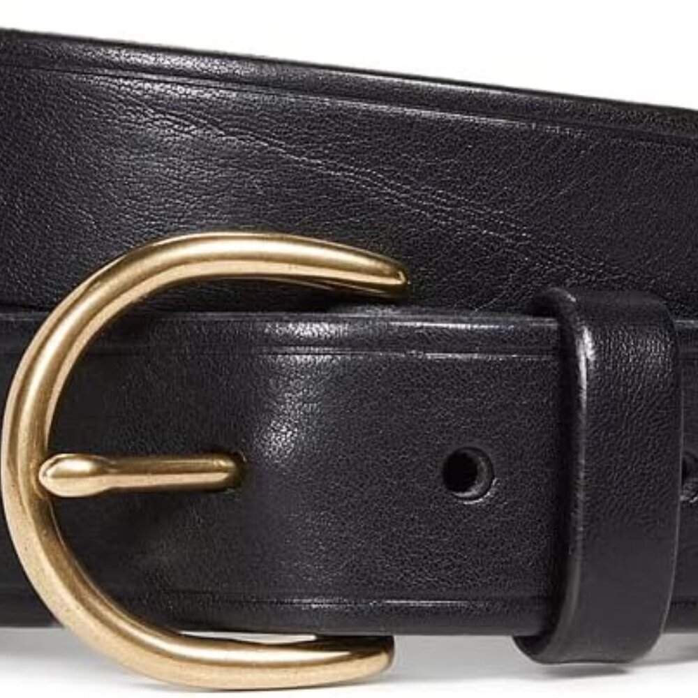 Women's Leather Belt Medium Black Cowhide Gold Buckle Waist Accessory